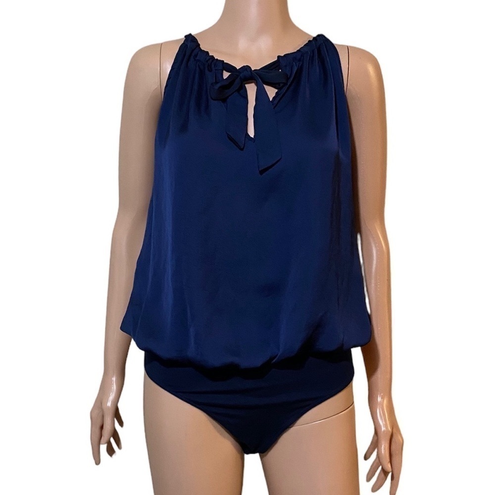 Anthropologie bodysuit tank tie neck navy blue silky front woman’s size medium